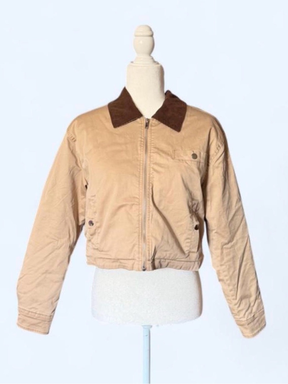 Cropped Beige Jacket with Brown Corduroy Collar
